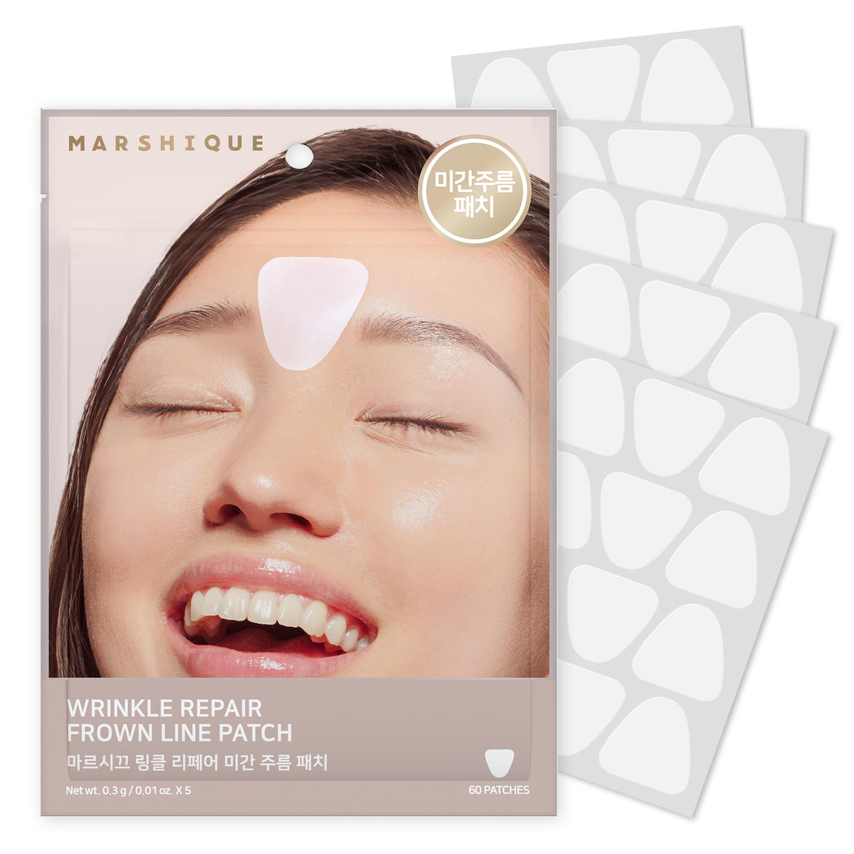 Marshique front packaging showing 60 anti-wrinkle patches and benefits