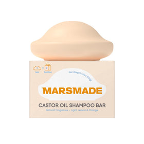 Mars Made shampoo bar front packaging showing product and weight, highlights sustainability benefit