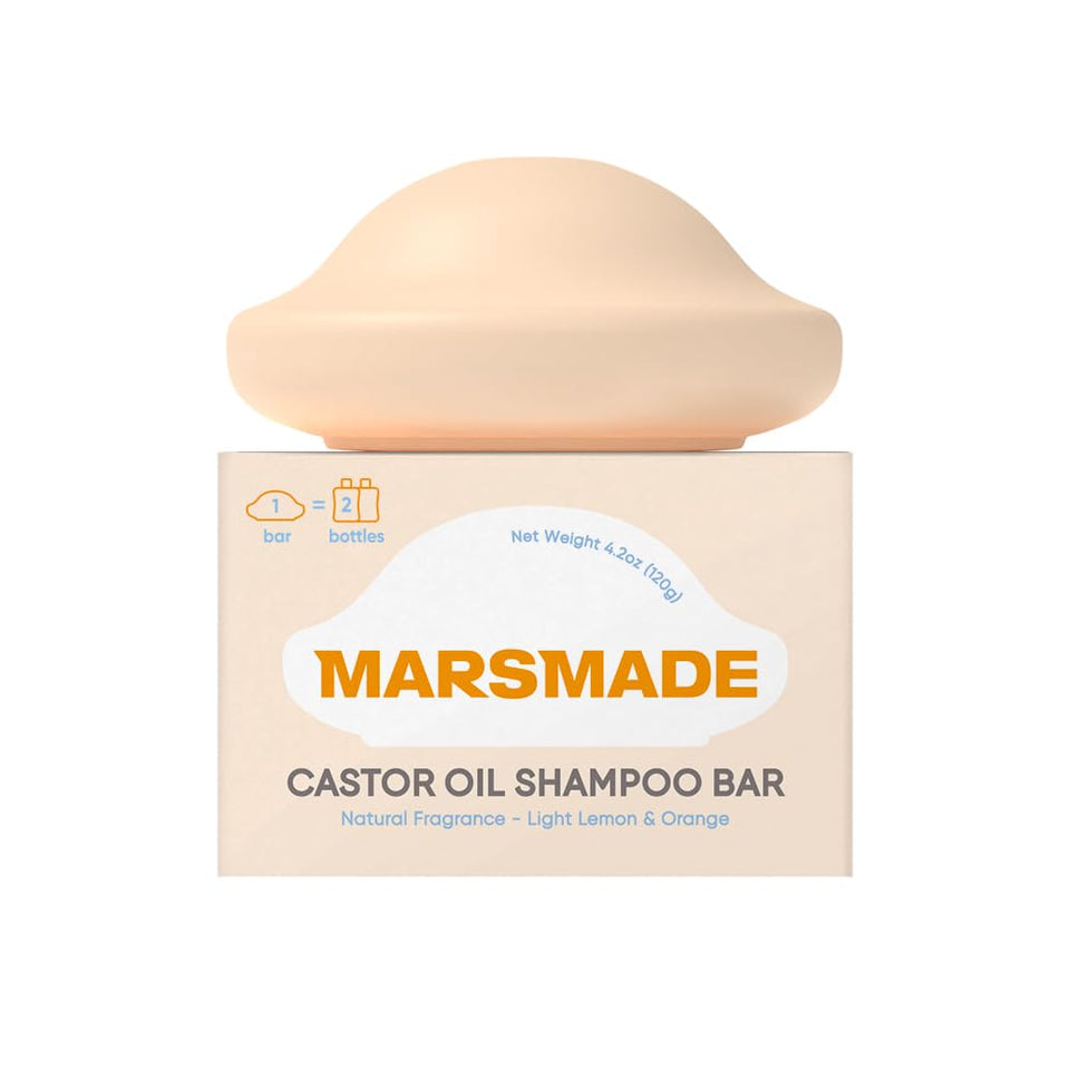 Mars Made shampoo bar front packaging showing product and weight, highlights sustainability benefit