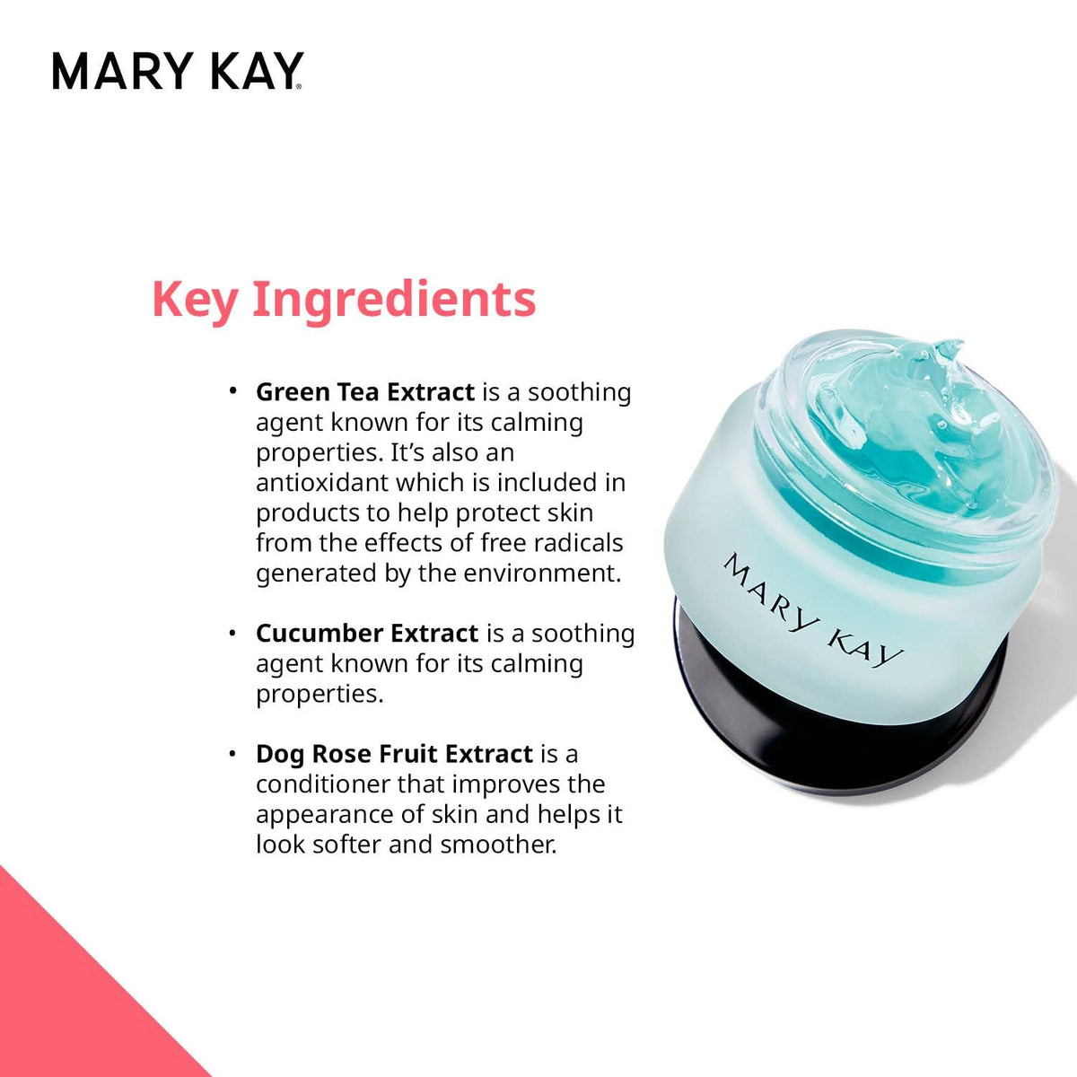 Mary Kay green tea extract ingredient focus highlighting soothing botanicals to calm under-eye skin