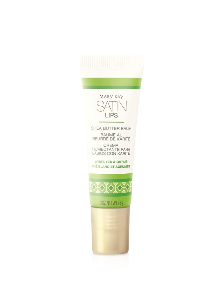 Mary Kay Satin Lips full-size tub front packaging shows pink lid and moisturizing balm