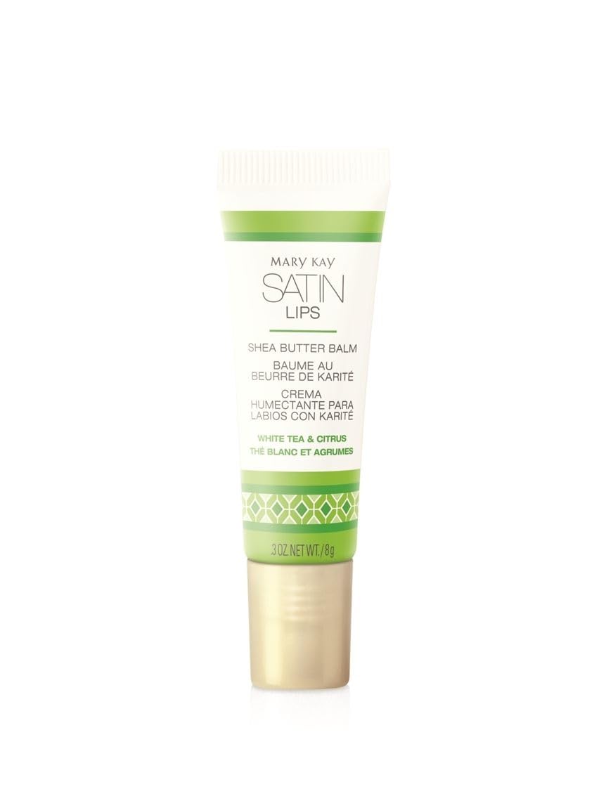 Mary Kay Satin Lips full-size tub front packaging shows pink lid and moisturizing balm