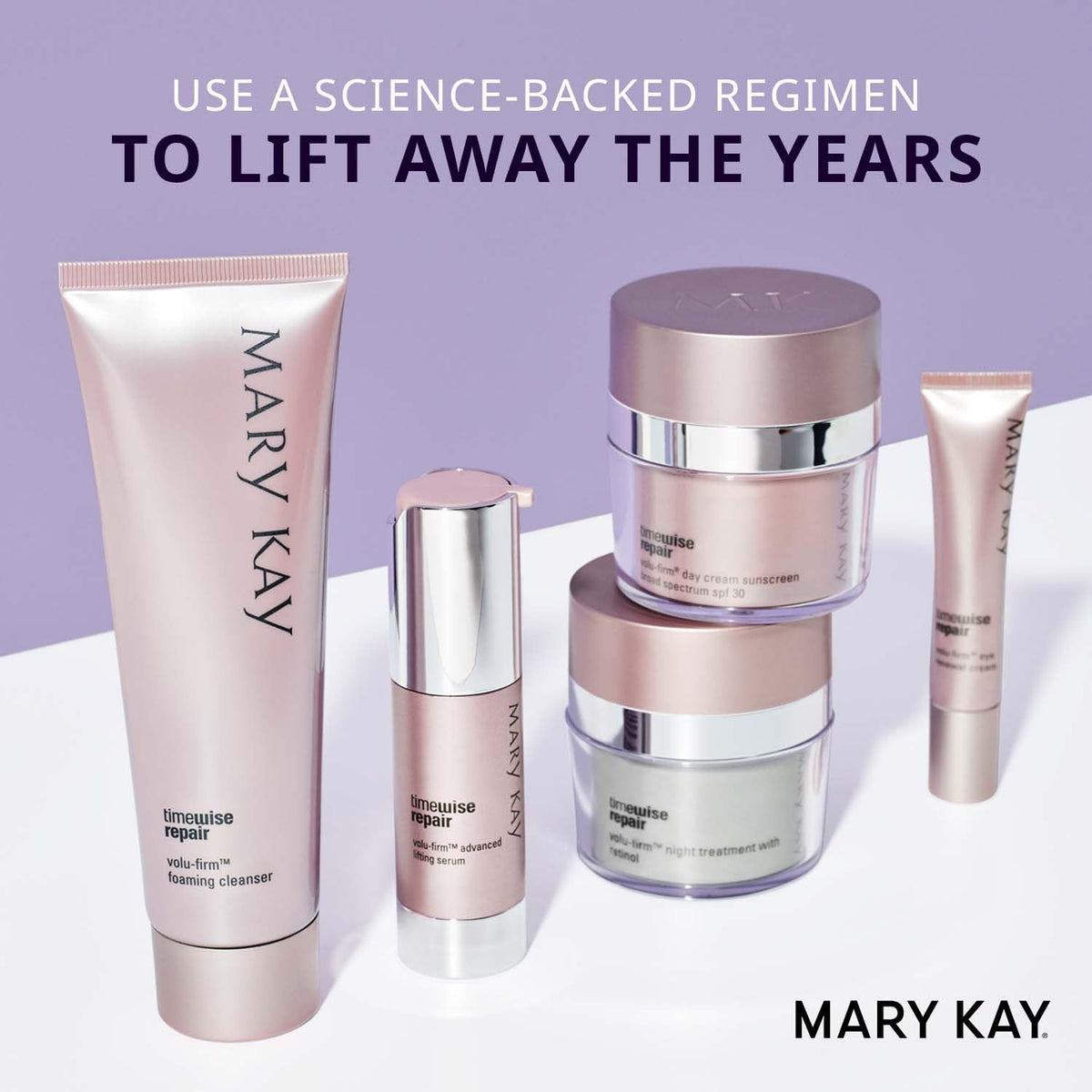 Mary Kay TimeWise Repair Volu‑Firm kit staged on vanity showing regimen simplicity