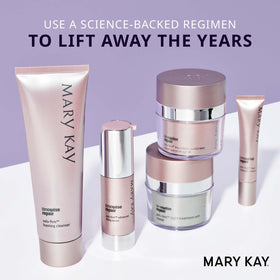 Mary Kay TimeWise Repair Volu‑Firm kit staged on vanity showing regimen simplicity