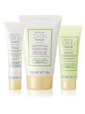 Mary Kay White Tea & Citrus Satin Hands front view showing travel-size trio and packaging benefits