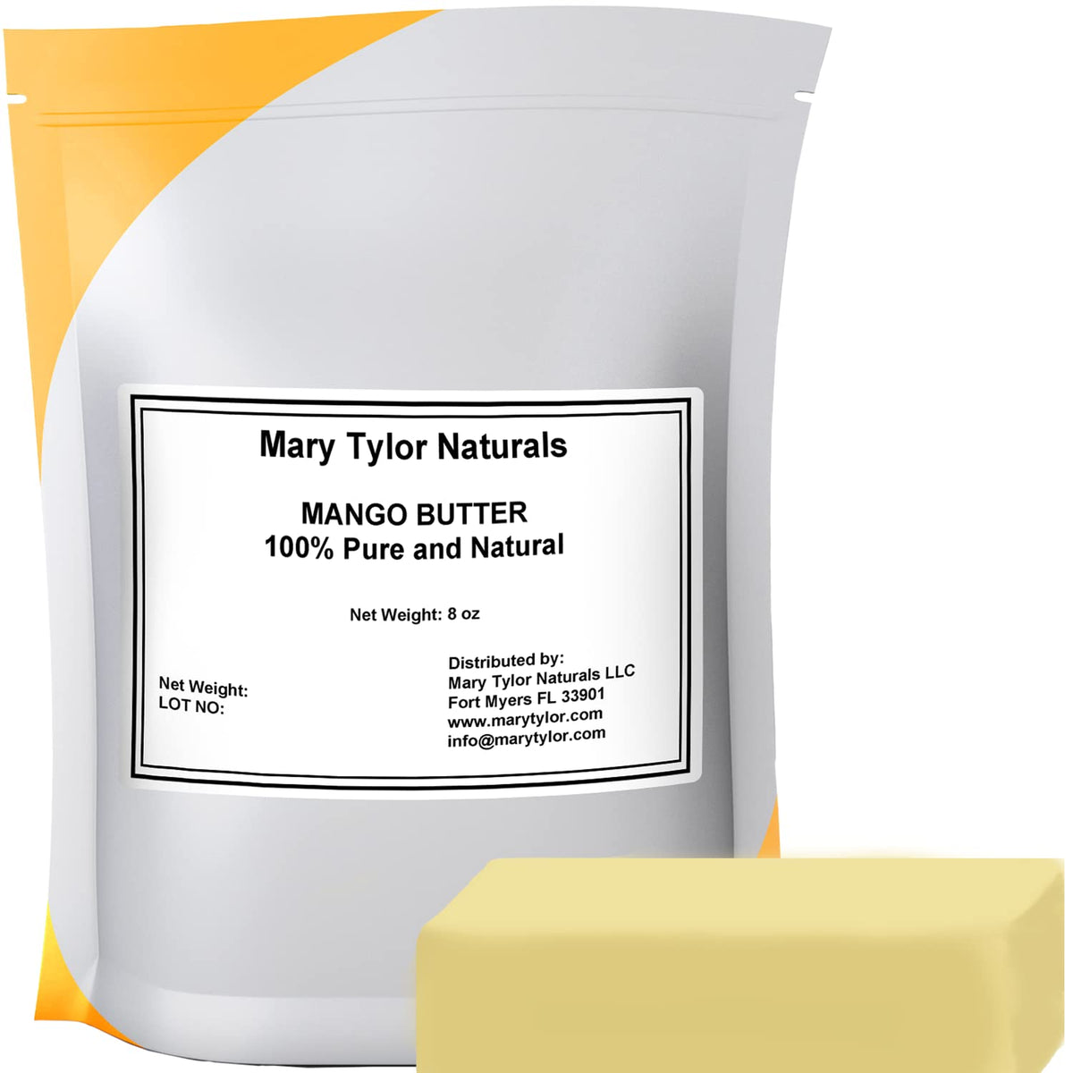 Mary Tylor Naturals front pouch showing 8 oz resealable packaging and organic label benefits