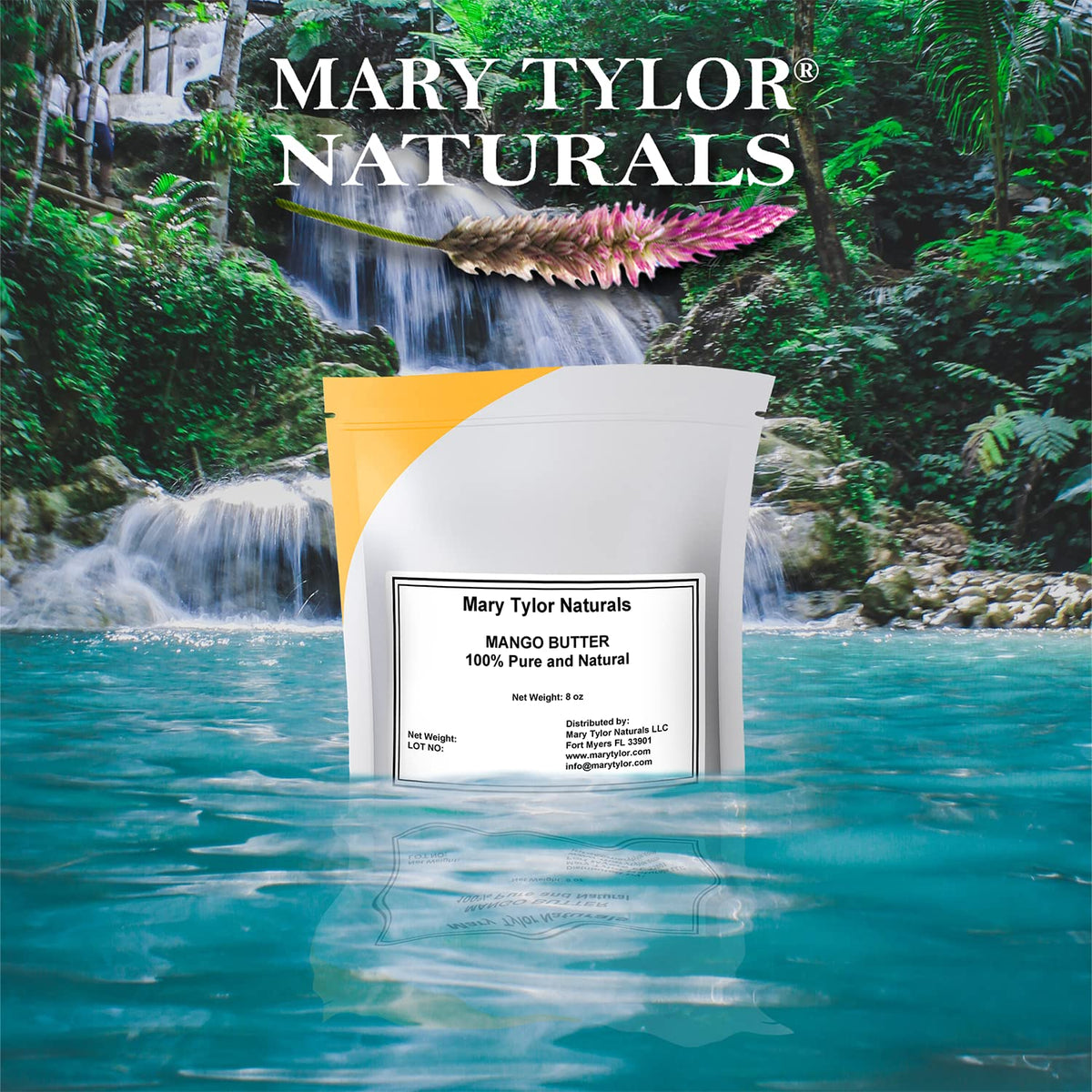 Mary Tylor Naturals 8 oz pouch beside common items showing size and travel-friendly convenience