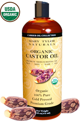 Mary Tylor Naturals pouring castor oil from bottle demonstrating smooth pour benefit