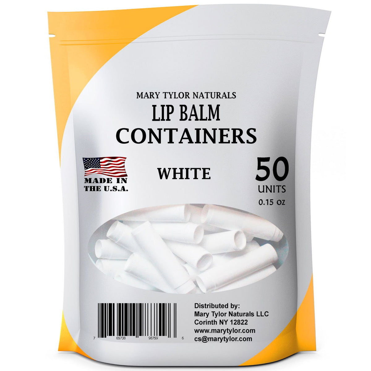 Mary Tylor Naturals front view of 50 white lip balm tubes, neat professional packaging