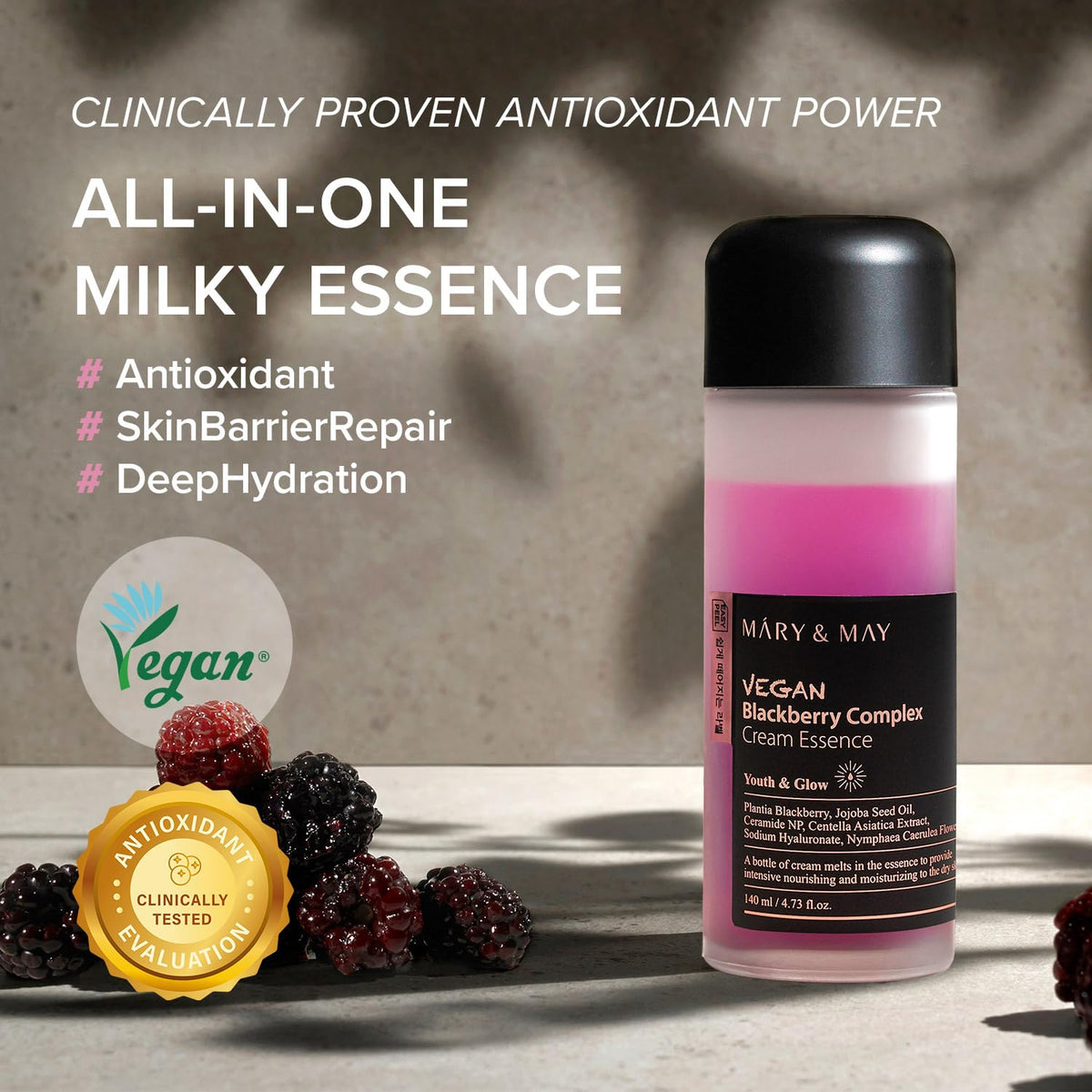 Mary&May dual-phase bottle shaken to mix, illustrating easy shake-to-activate convenience