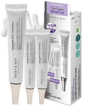 Mary&May front packaging showing brightening eye cream set benefits