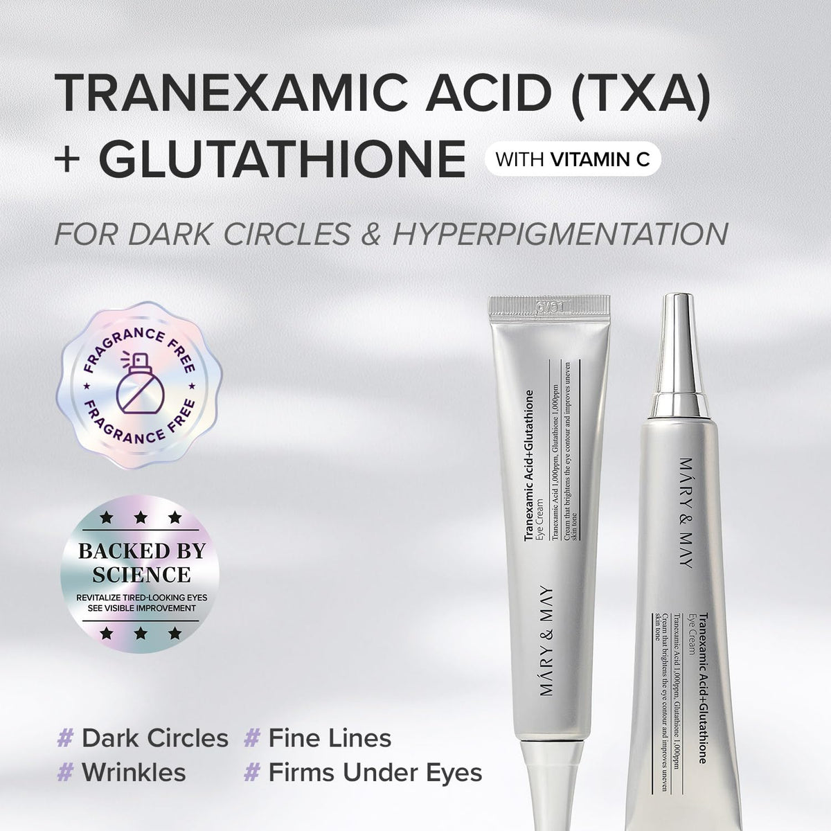 Mary&May full-size eye cream tube displayed upright for daily use
