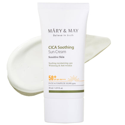 Mary&May front tube view showing SPF50 and lightweight benefits