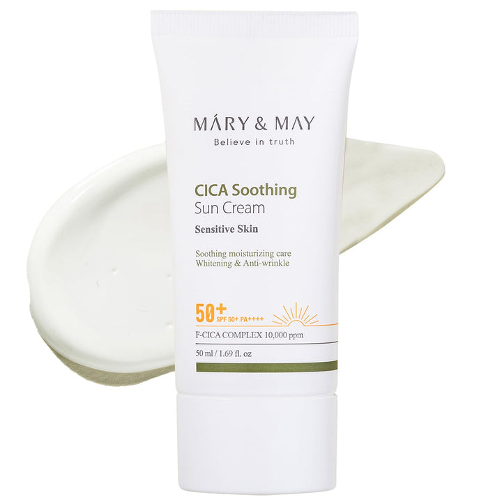 Mary&May front tube view showing SPF50 and lightweight benefits
