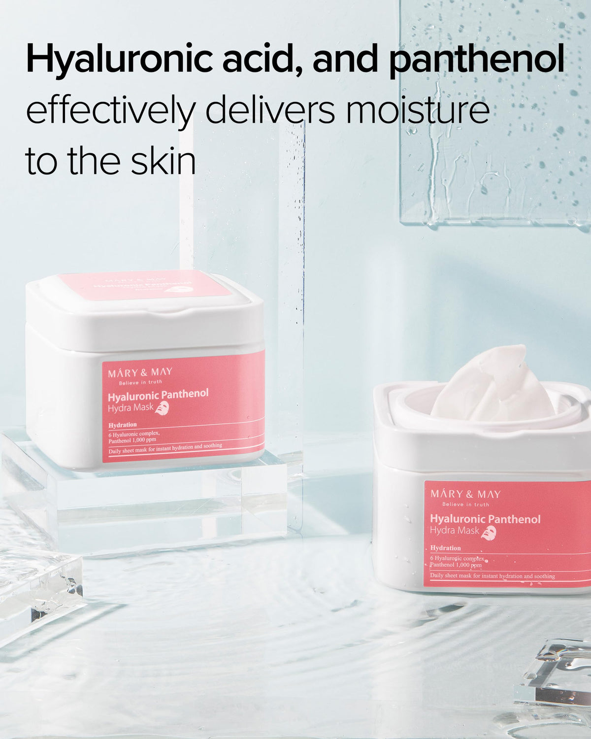 Mary&May mask worn by model demonstrating hydrating glow and makeup-prep benefit