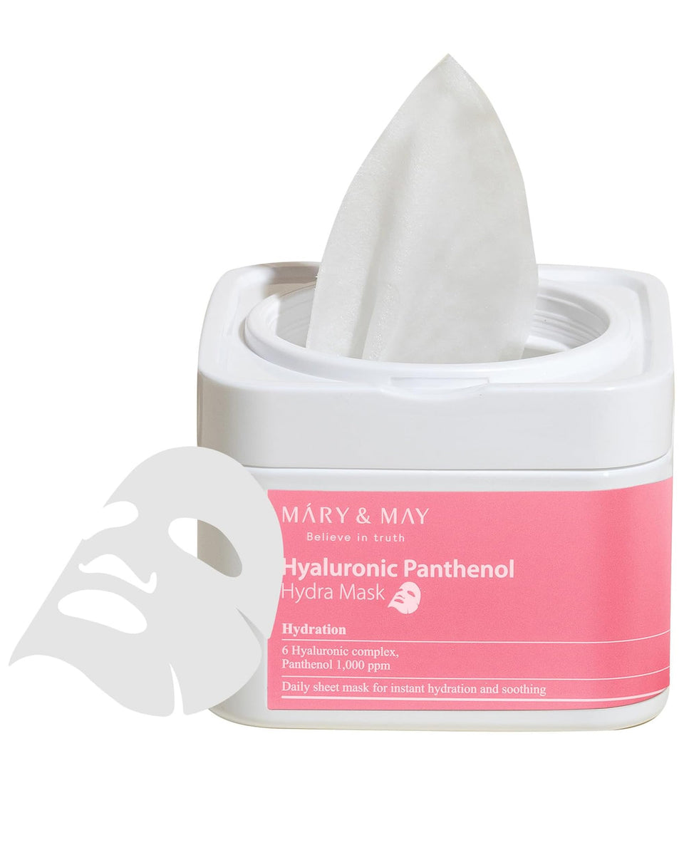 Mary&May pull-out box front showing hygienic daily sheet mask storage and convenience