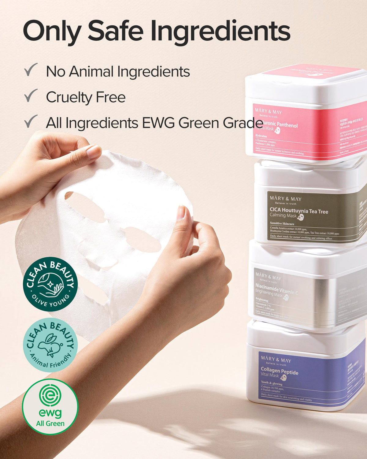 Mary&May mask beside hand for size and daily routine convenience