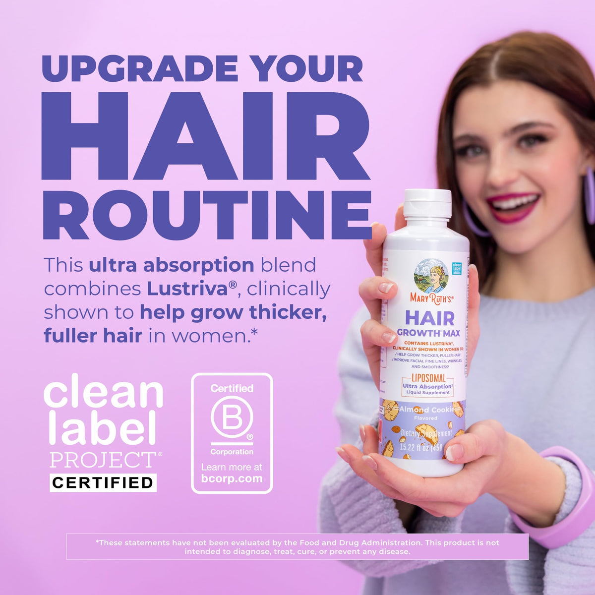 MaryRuth's closeup label detail highlighting Lustriva and biotin for clarity