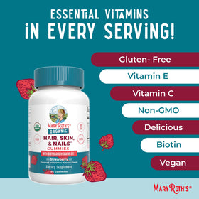 MaryRuth's vitamin ingredients display emphasizing biotin, vitamin C and vitamin E