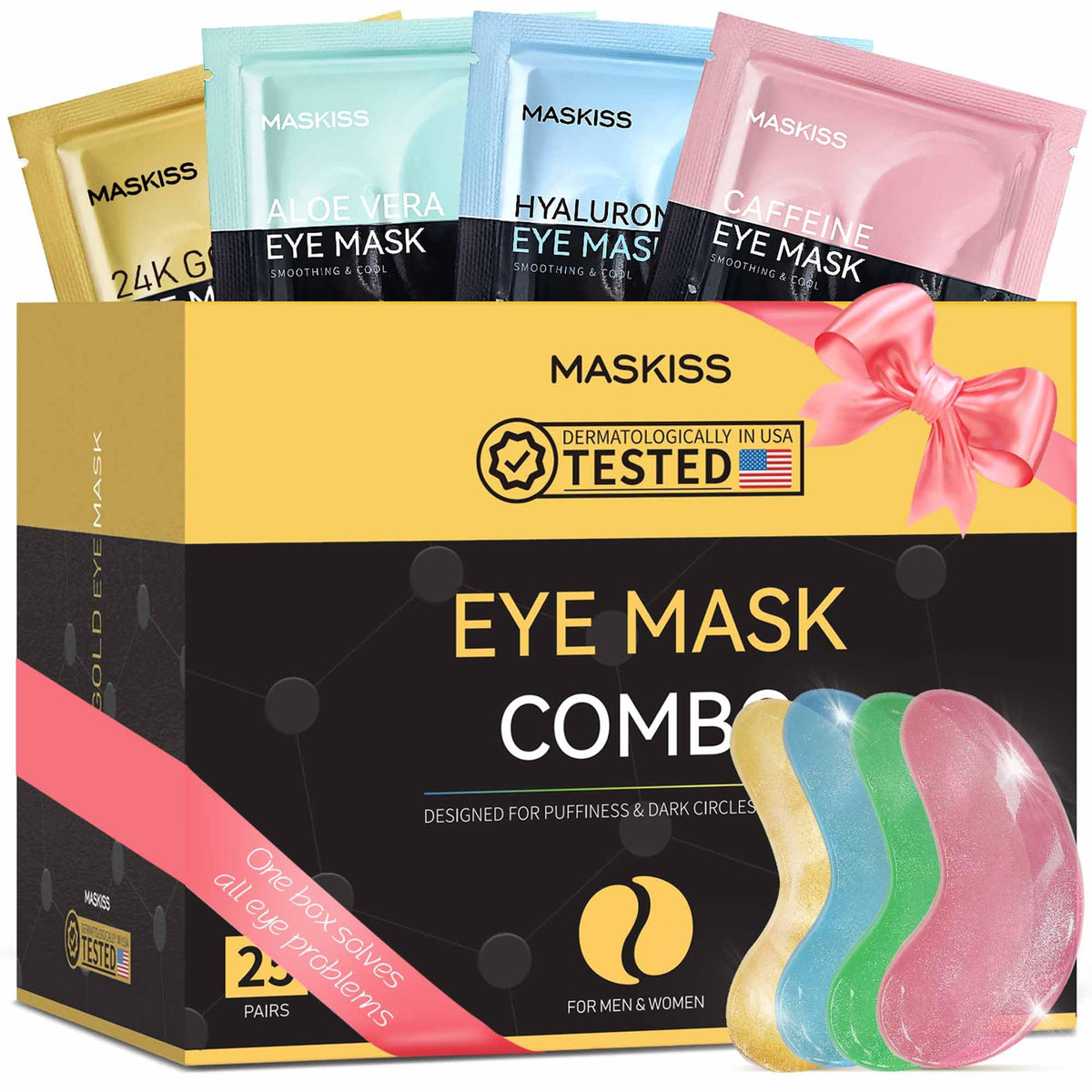 Maskiss front packaging showing 24K gold and key benefits for refreshed eyes