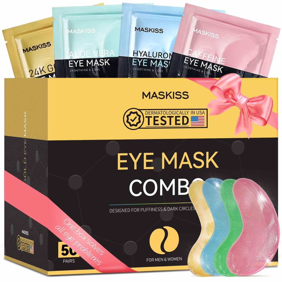 Maskiss front packaging displaying 50 pairs and four formulas, showing convenience