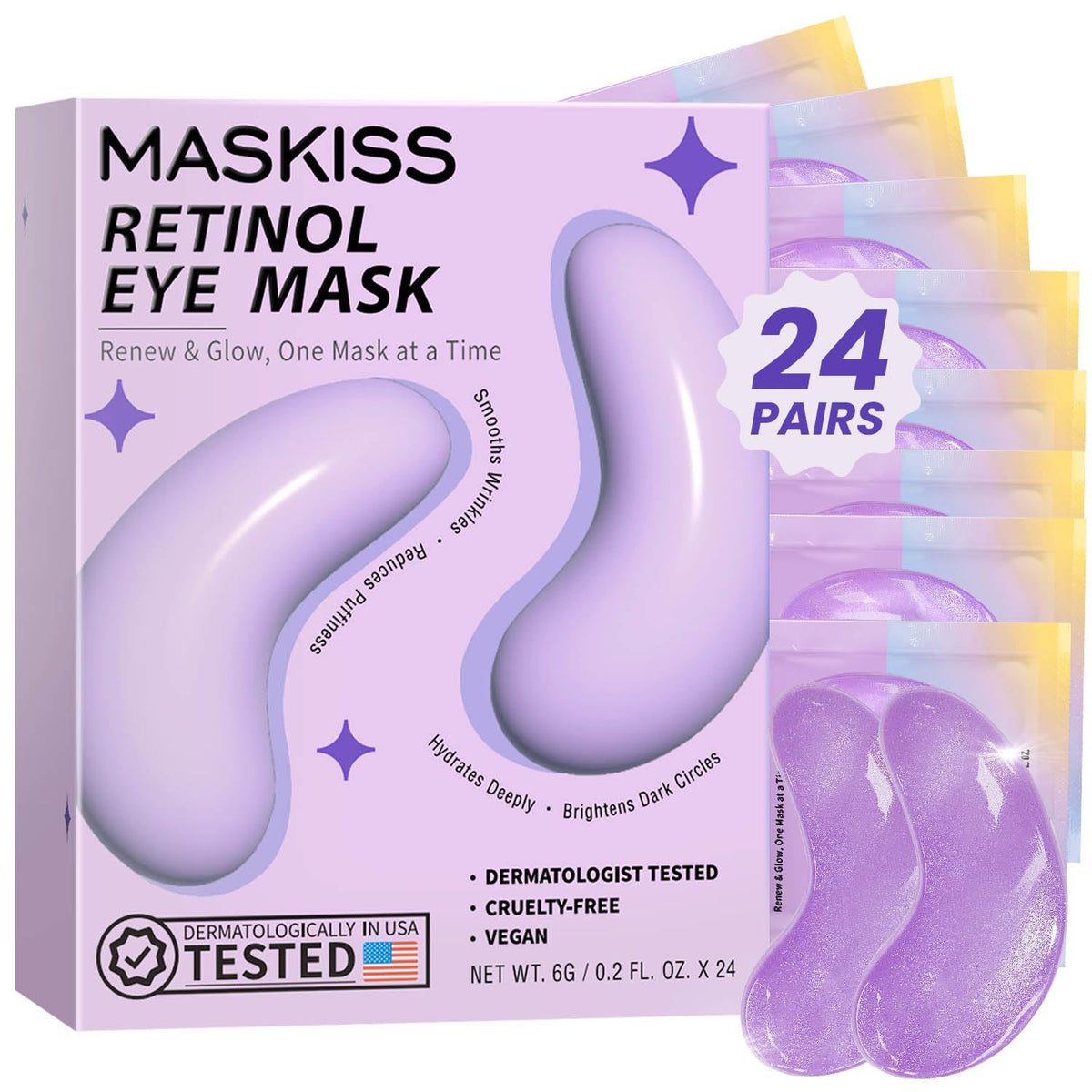Maskiss front packaging showing 24 vegan gel eye patch pairs and benefits