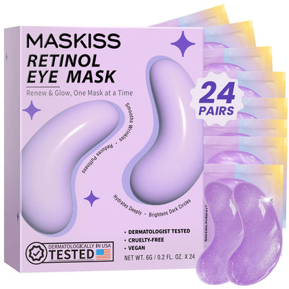 Maskiss front packaging showing 24 vegan gel eye patch pairs and benefits