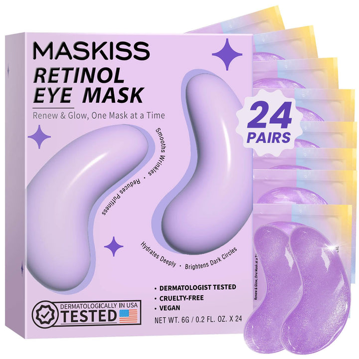 Maskiss front packaging showing 24 vegan gel eye patch pairs and benefits