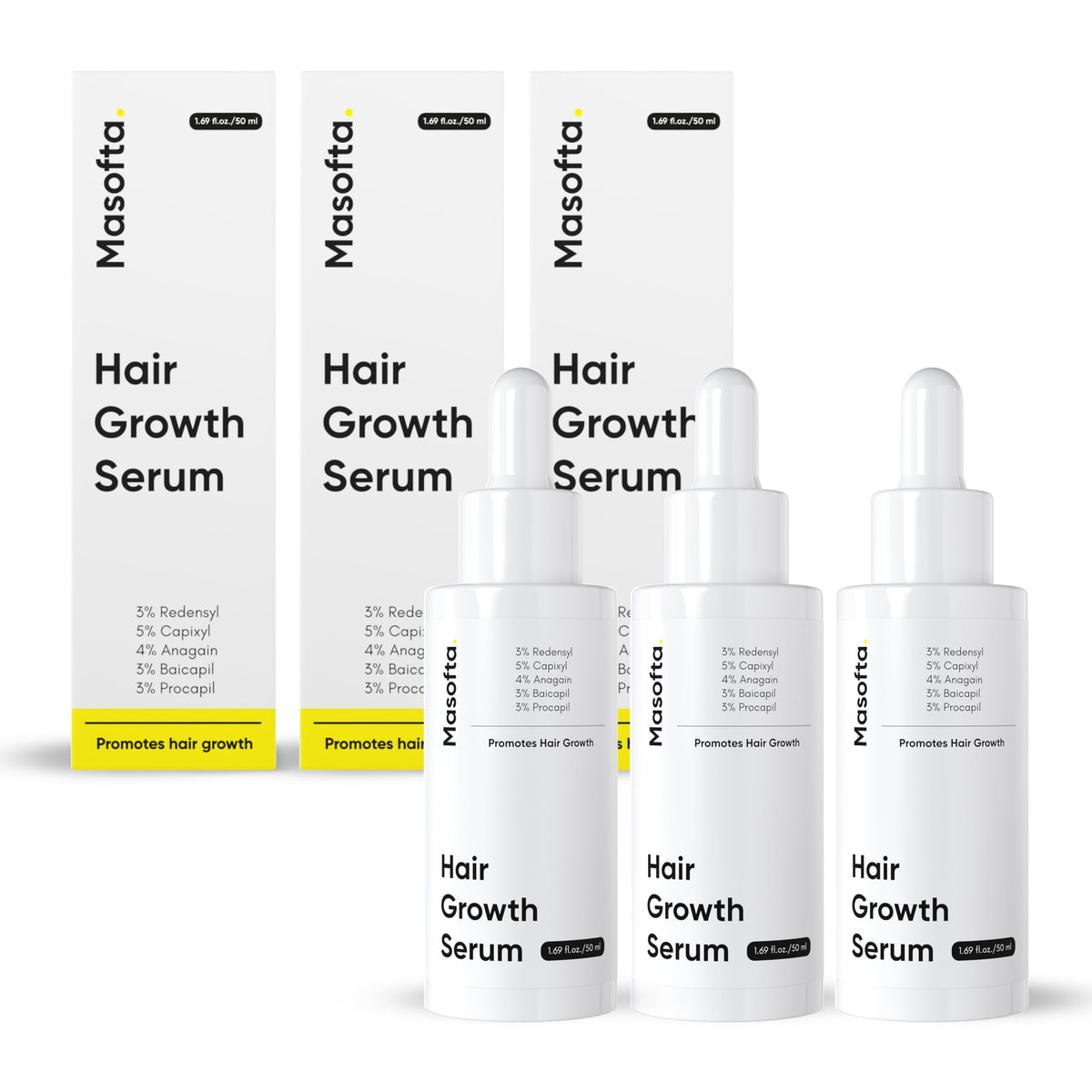 Masofta front packaging trio showing three 50ml bottles for long-term use
