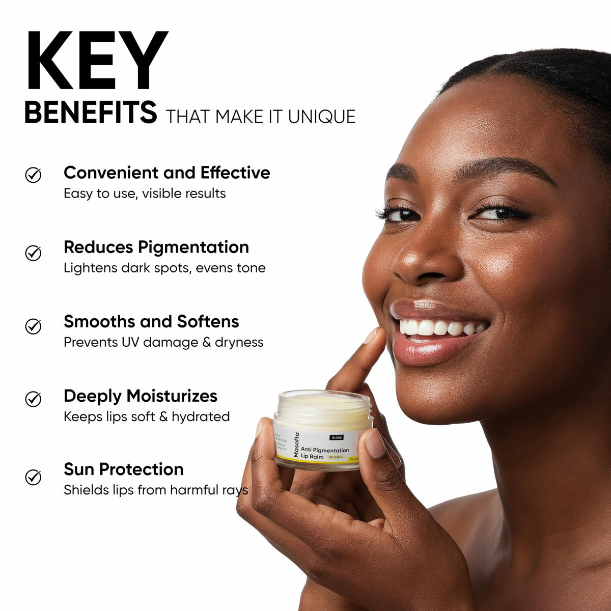 Masofta lip balm next to coin, showing portable 15g size benefit