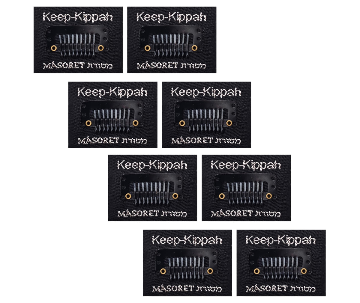 MASORET front packaging showing eight keep-kippah clips and tapes for reliable hold