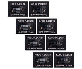 MASORET front packaging showing eight keep-kippah clips and tapes for reliable hold