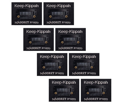 MASORET front packaging showing eight keep-kippah clips and tapes for reliable hold