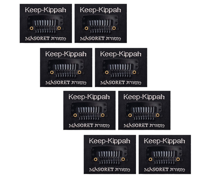 MASORET front packaging showing eight keep-kippah clips and tapes for reliable hold