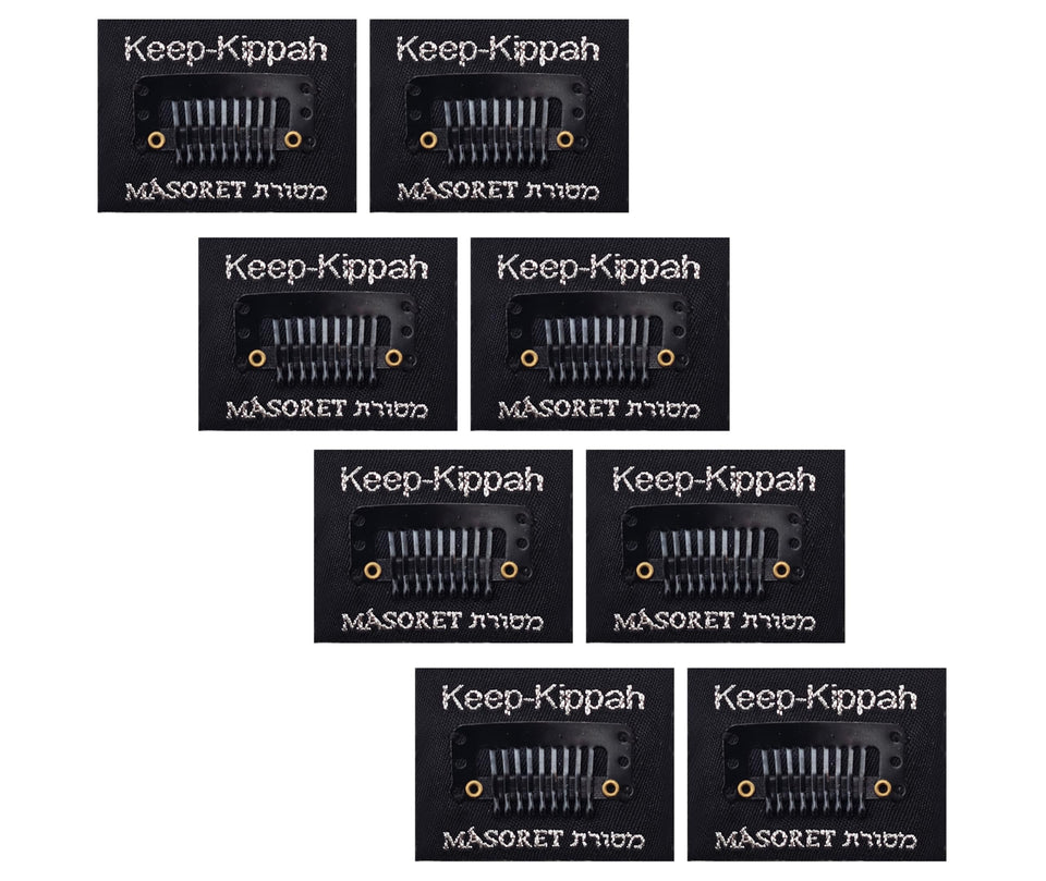 MASORET front packaging showing eight keep-kippah clips and tapes for reliable hold
