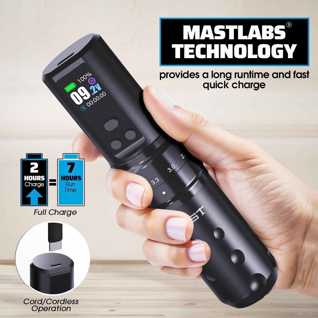MAST TATTOO battery OLED display visible for accurate voltage and runtime monitoring