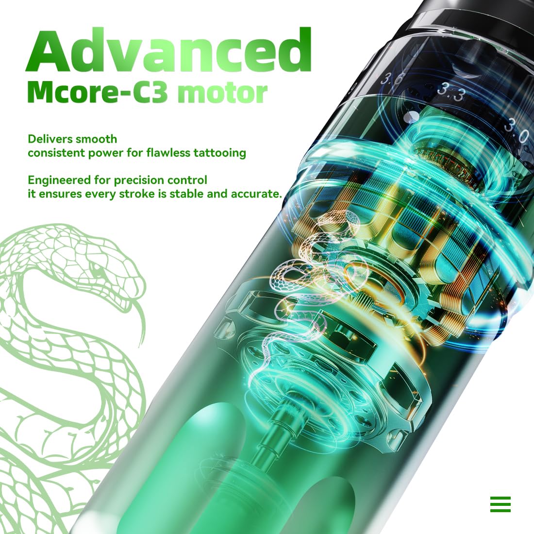 MAST TATTOO close-up of Mcore-C3 motor element highlighting smooth consistent performance