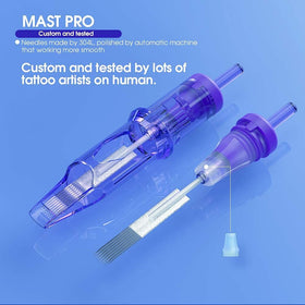 MAST TATTOO cartridge mounted on pen machine, reliable fit and smooth feed benefit
