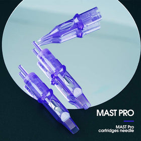 MAST TATTOO studio lifestyle shot with cartridge box, professional-ready supply benefit