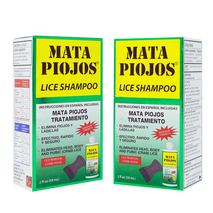 Mata Piojos front packaging showing two-bottle treatment kit for quick use