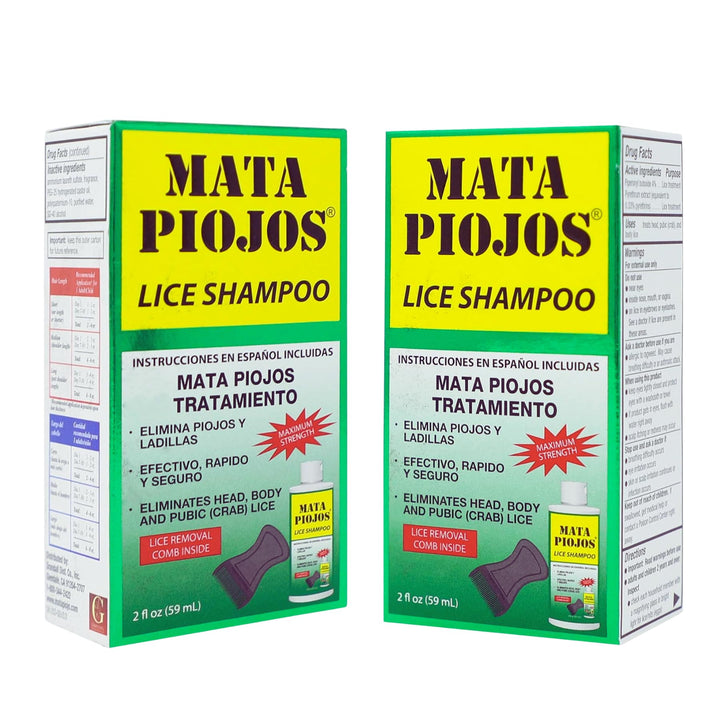Mata Piojos front packaging showing two-bottle treatment kit for quick use