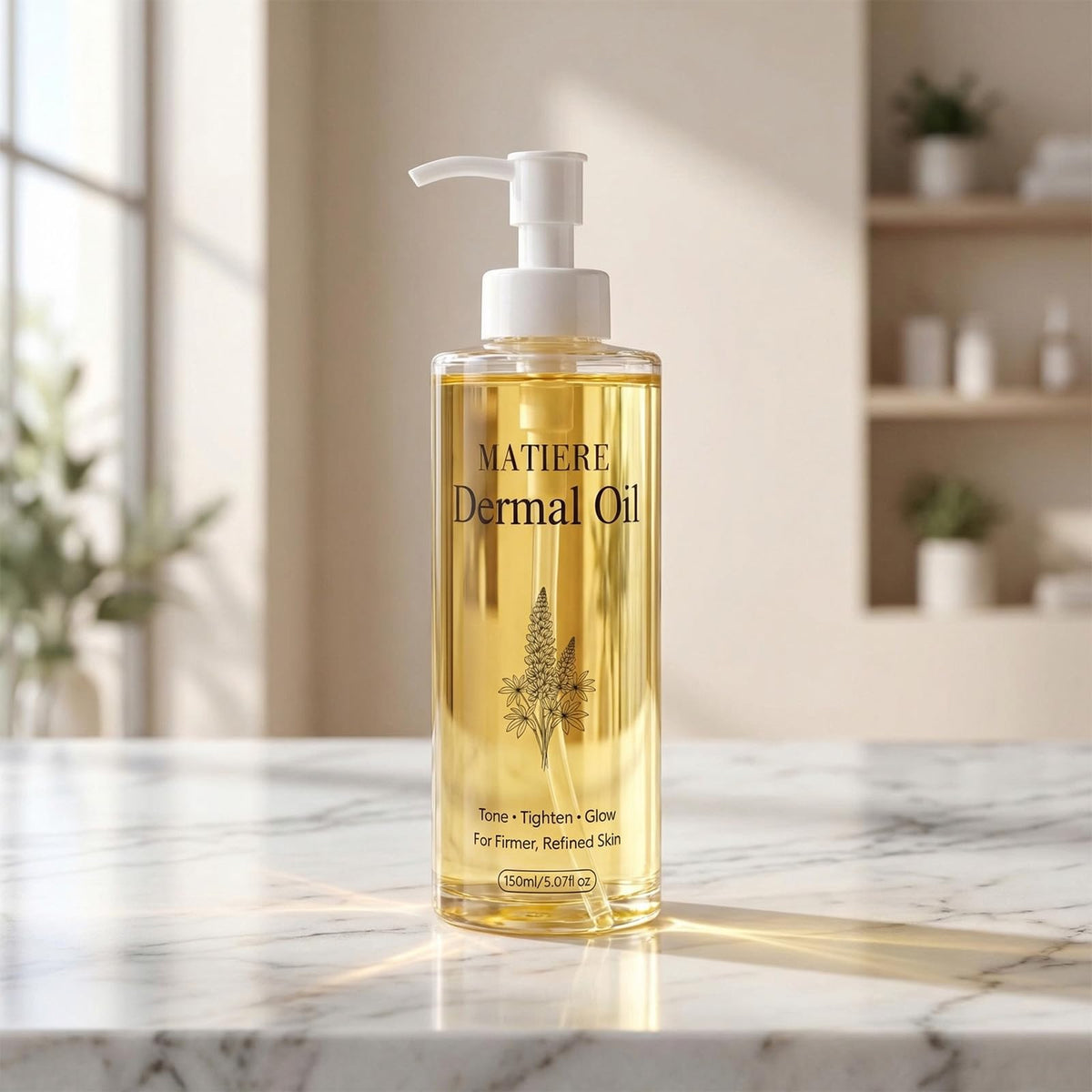 MATIERE bottle staged in bathroom setting conveying daily routine ease