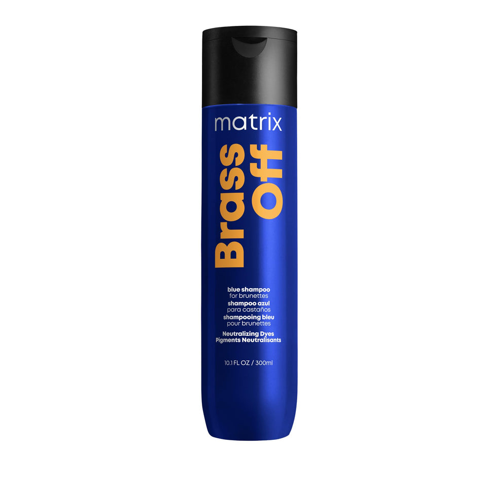Matrix Brass Off front packaging showing blue shampoo and product benefit