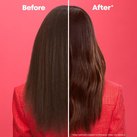 Matrix before and after hair split showing enhanced shine and color vibrancy