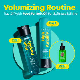 MATRIX High Amplify paired with conditioner and hairspray showing system use for fuller hair