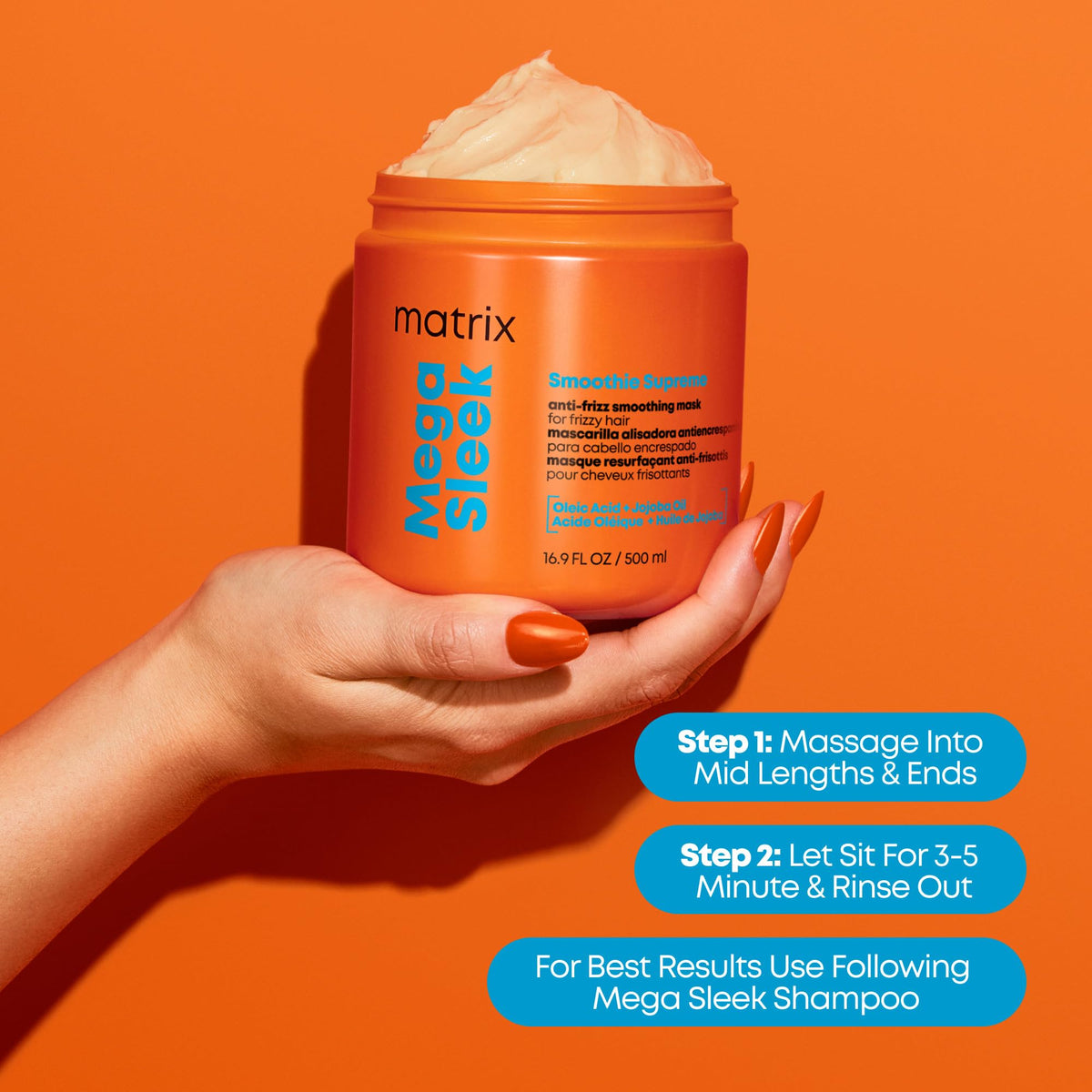 Matrix mask next to hand showing 16.9 fl oz scale for size reference