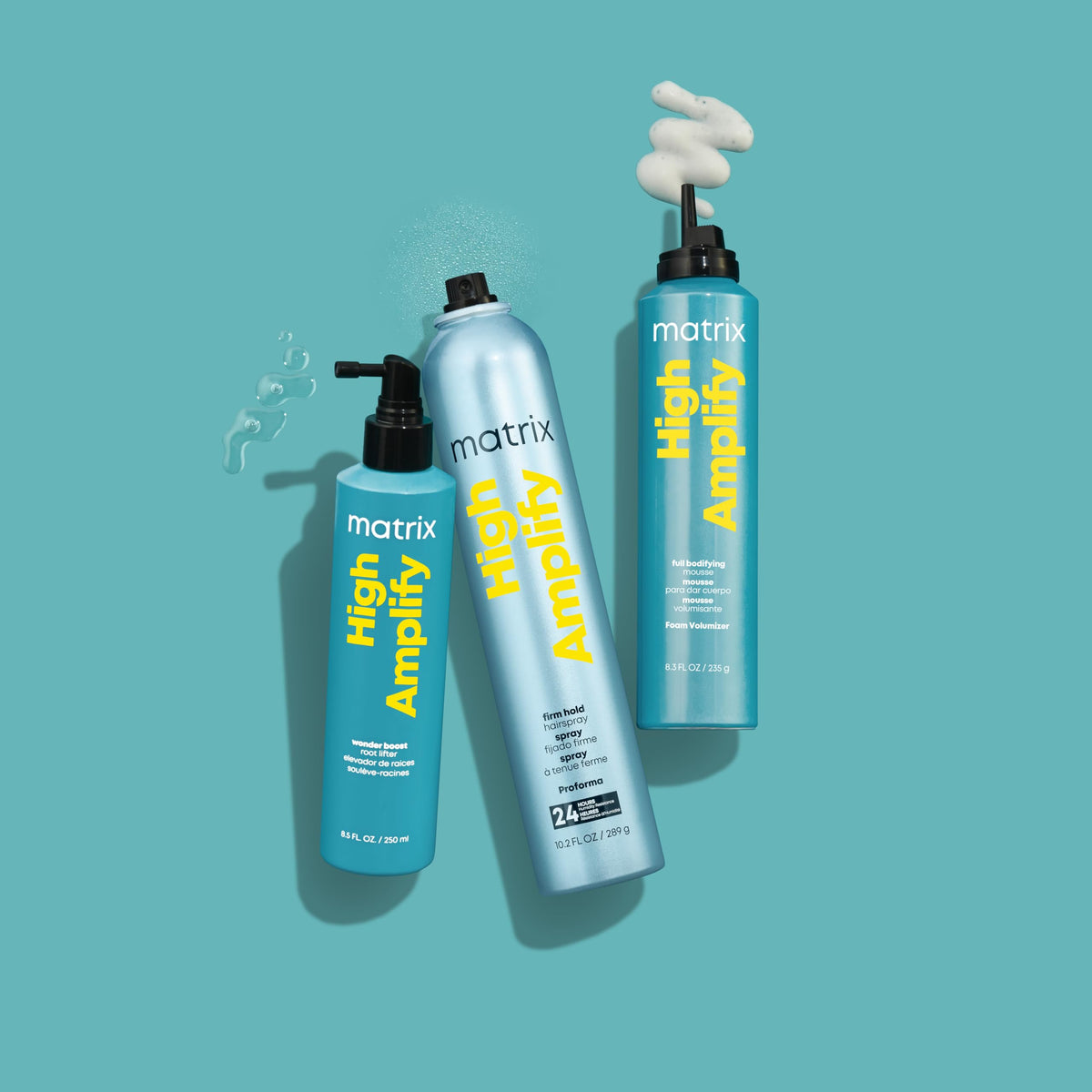 MATRIX bottle on bathroom counter alongside styling tools, suggesting easy daily use benefit