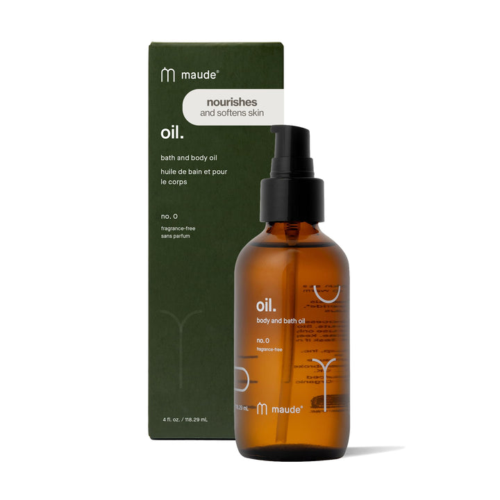 MAUDE front bottle shot showing clean organic body oil and hydration benefit