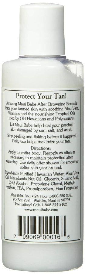 Maui Babe lotion being applied to forearm on a sunny beach to soothe and prolong a tan