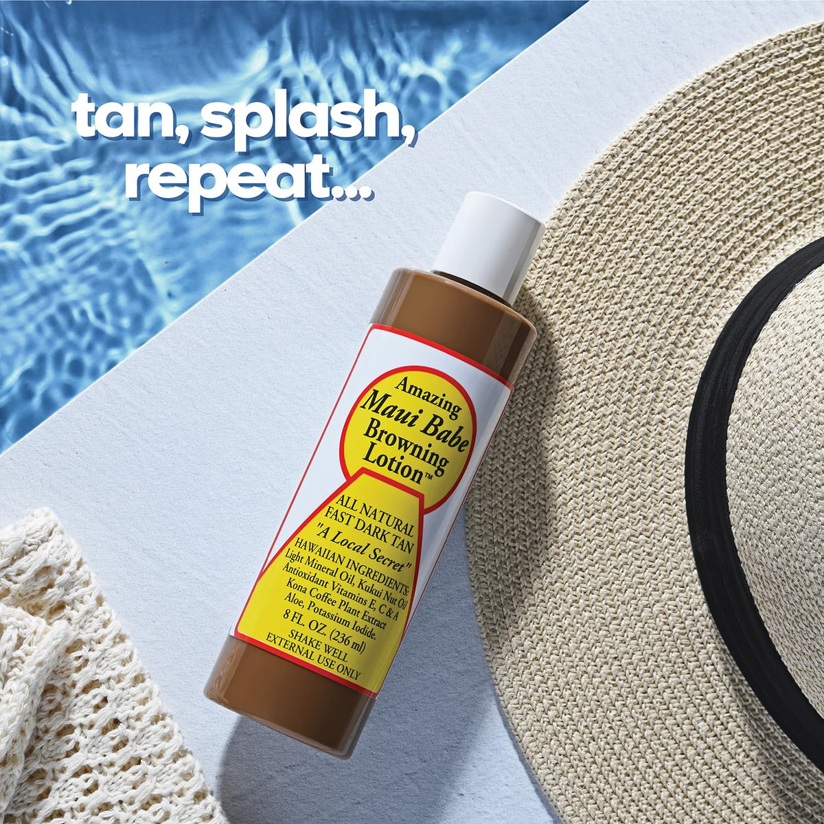 Applying Maui Babe lotion on forearm for even coverage and enhanced bronzing effect